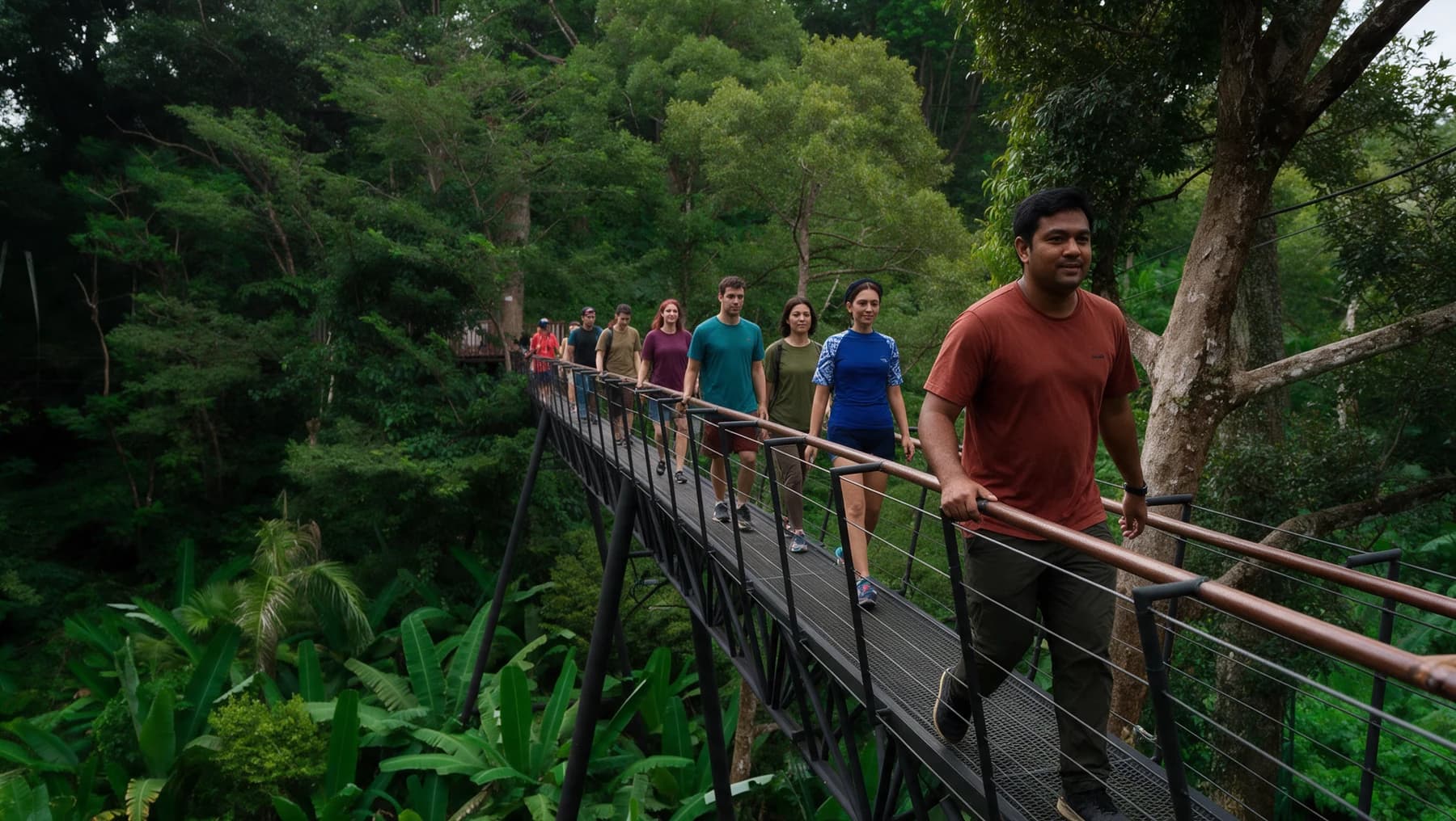 Hanuman World’s canopy walkway weaving through the lush rainforest